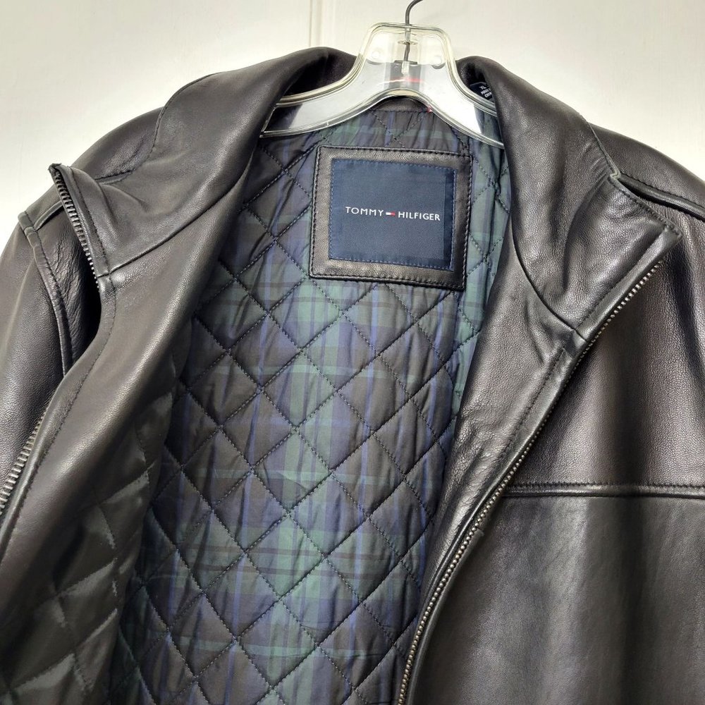 Tommy Hilfiger Black Genuine Leather Bomber Jacket Men's Size XL - Picture 4 of 6